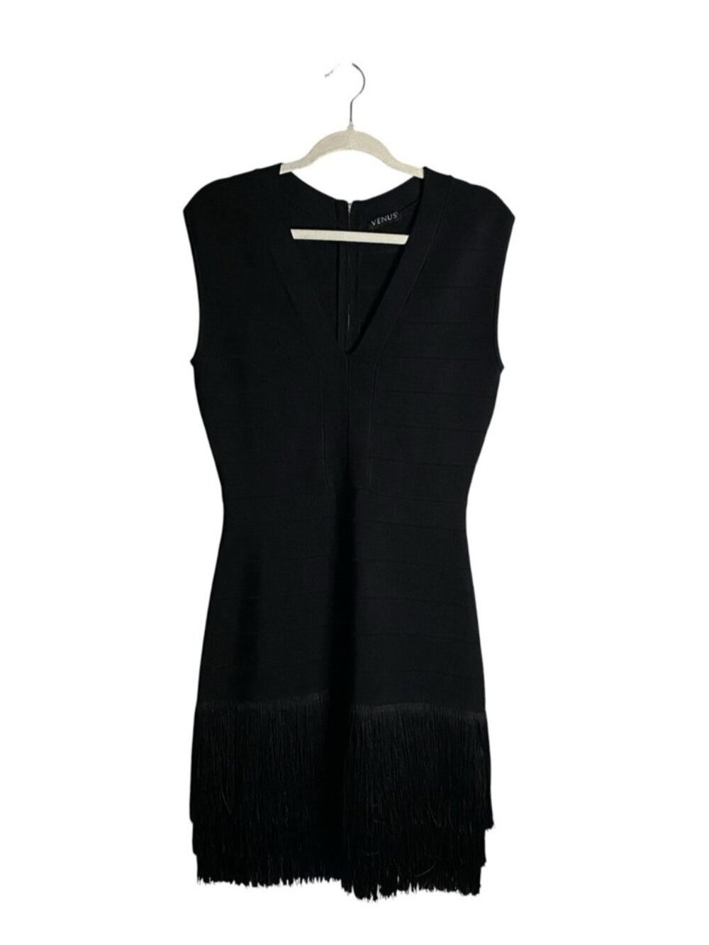 VENUS Women's Black V-Neck Sleeveless Fringe Hem Bodycon Evening Dress
